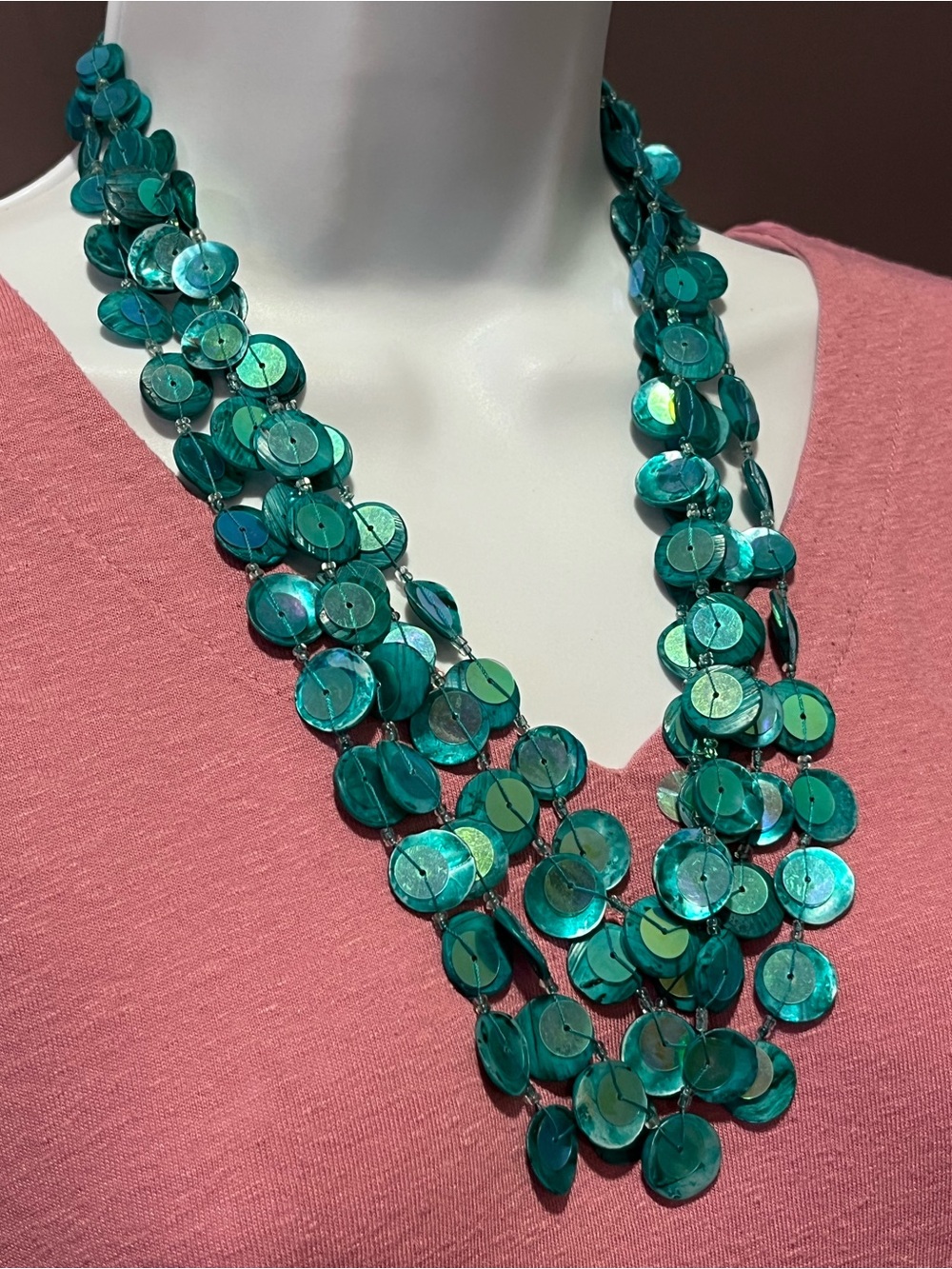 Teal Sequin Shell Layered Necklace - Mermaidcore
